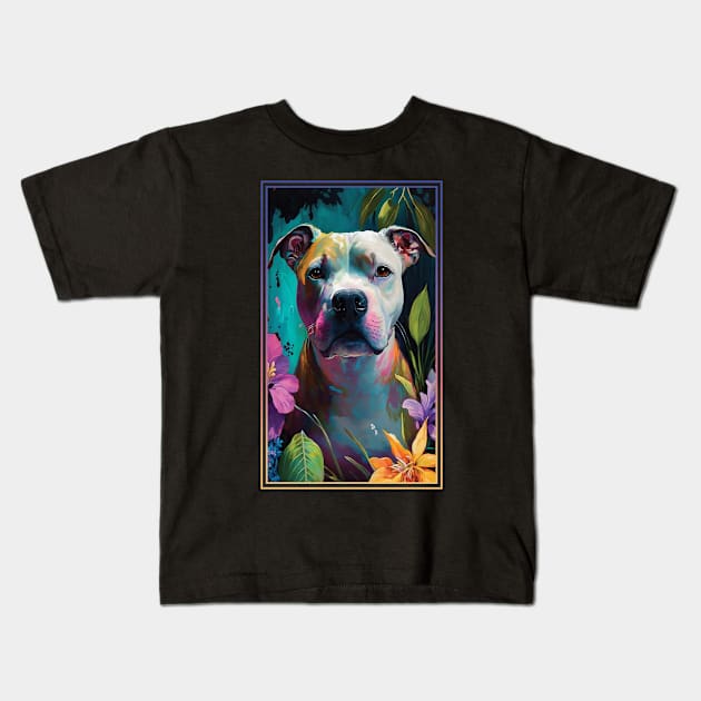American Staffordshire Terrier Pitbull Vibrant Tropical Flower Tall Digital Oil Painting Portrait  5 Kids T-Shirt by ArtHouseFlunky